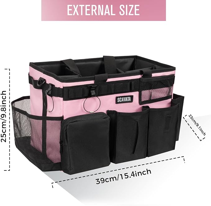 SCAVATA Wearable Cleaning Caddy Bag, Cleaning Caddy Supplies Organizer with Handle & Shoulder Straps for Housekeepers, Under Sink & Car Cleaning Tool Organizers with 4 Foldable Divider (SweetPink)
