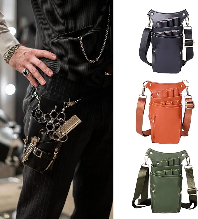 Scissor Pouch for Stylist Essentials Tools Bag, PU Leather Salon Hair Professional Scissors Holster for Hairdressers with Shoulder Belt