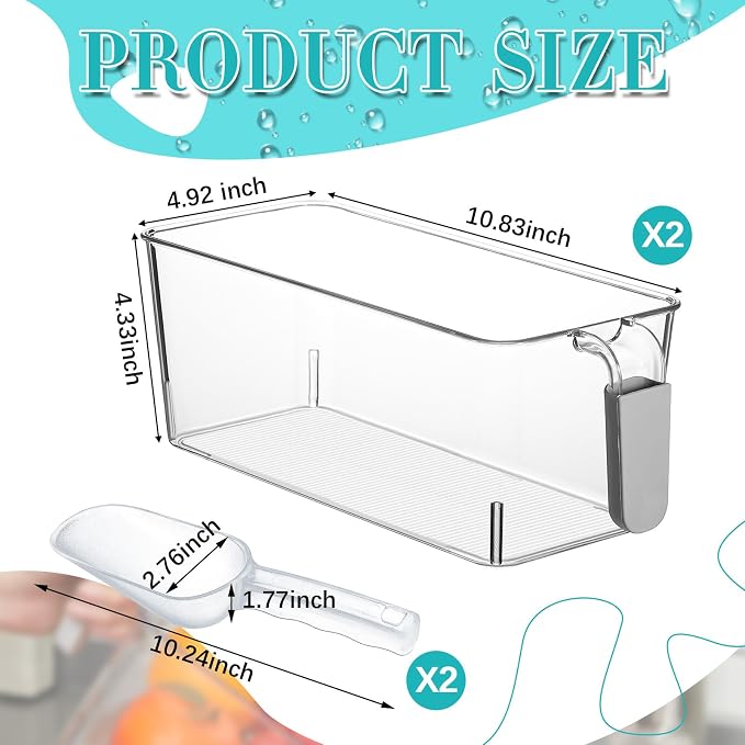 Havawish Ice Storage Bin and Flexible Scoop Set Plastic Freezer Bin | Freezer Ice Bin Scoop, Clear Bucket Container, Pull Handle, Flexible Storage, 10.83 X 4.92 X 4.33 in
