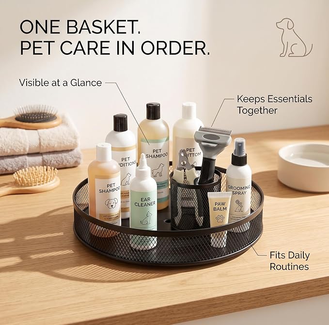 Pethiy Pet Grooming Organizer, Bathroom Rotating Metal Basket with Base | Round Pet Supply Caddy for Dog Shampoo, Brushes, Wipes, Skincare, Bathroom Countertop and Cabinet Storage