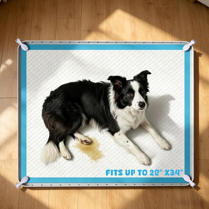 Pee Pad Holder, 28×34 Inch Thickened Silicone Dog Pee Pad Holder Tray | Non Slip Raised Edge Anti Spill Puppy Pad Holder with 4 Fixed Clamps, Easy Cleaning Floor Protection for Puppy Potty Training