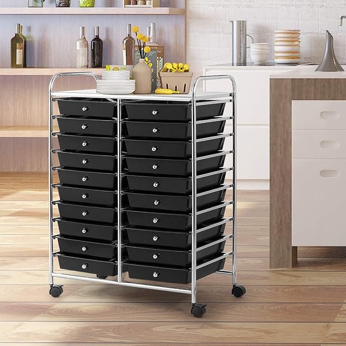 20 Drawer Rolling Storage Cart, Art Cart Organizer with Wheels for Makeup, Tool, Paper, Multipurpose Craft Storage Cart with Drawers for Office, Home, Classroom, Teacher, School (Black)