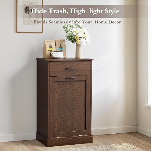 njnj 13 Gallons Tilt Out Trash Cabinet, Kitchen Hidden Trash Bin Cabinet Wood Garbage Recycling Cabinet with Hideaway Drawer, Pet Proof Freestanding Trash Bin for Kitchen Living Room Brown