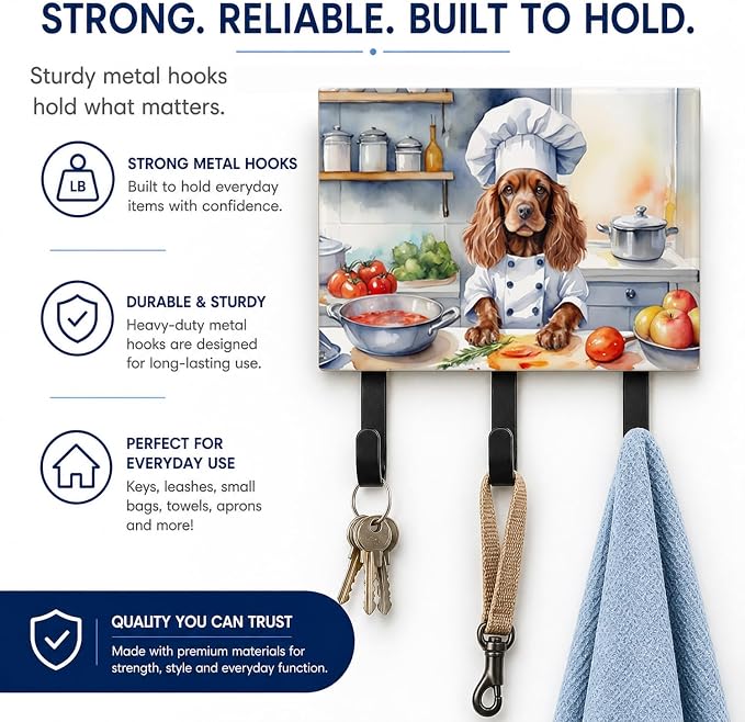 Caroline's Treasures Cocker Spaniel The Chef Leash or Key Holder Wall Hooks, Key Hooks Holder, Coat Rack Wall Mount, Coat Hooks, Hooks for Hanging Keys, Towels, Aprons, Leashes | Cocker Spaniel The Chef artwork on ceramic tile with three steel hooks fo...