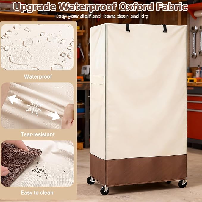 Rileytee Wire Shelf Cover,Heavy Duty 600D Dustproof Waterproof Shelf Covers for Wire Shelving,Outdoor Storage Rack Cover for Rack with Zipper,36" W x 16" D x 72" H,(Beige & Brown)