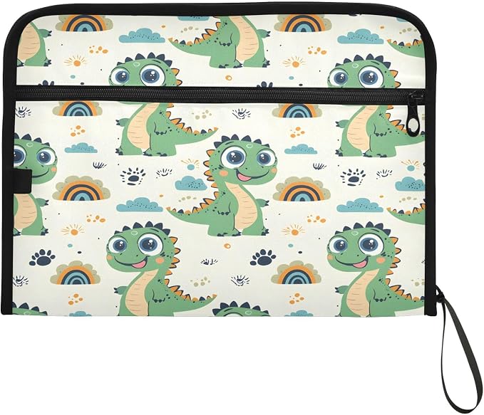 Green Dinosaur Rainbow Pattern 13 Pocket File Organizer Expanding File Folder with Front Pouch Portable Business File Storage Document Organizer Folder with Zipper