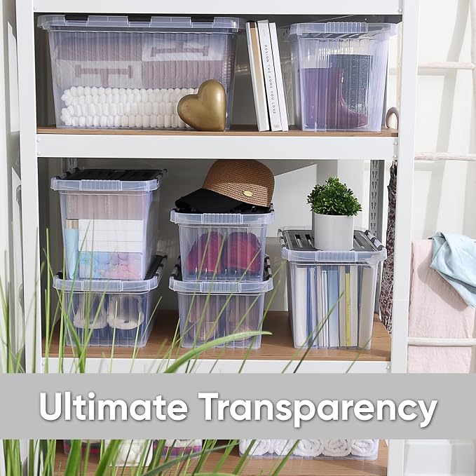 Superio Clear Storage Boxes with Attached Lids, Plastic Container Bins with Hinged Lids for Organizing, Stackable Crates, BPA Free, Non Toxic Organizers, 19 Quart (4 Pack, 17"x11.65"x8.75")