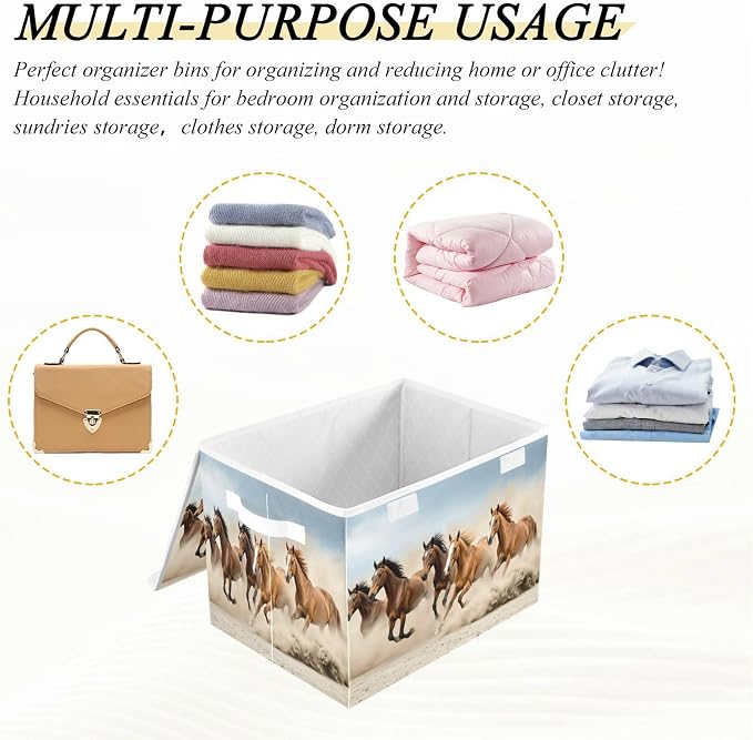 Running Horses Storage Bins with Lids Large Collapsible Storage Basket with Handles Cute Horse Foldable Fabric Storage Box Organizer for Clothes Closet Cabinet Home Office Bedroom