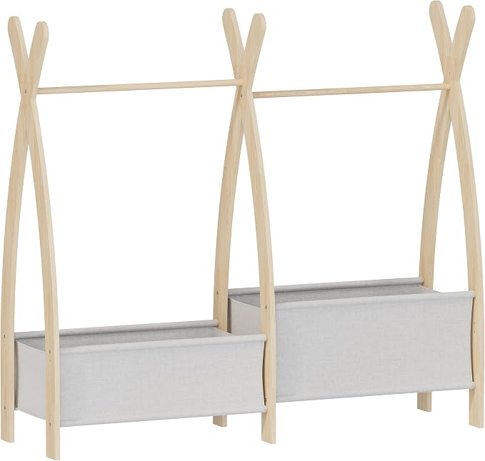 Kids Clothing Rack Dress Up Storage Closet for Girls Baby Garment Wardrobe Toddler Costume Closet with Double Hanging Rod Wood 2 Tier Bottom Storage Shelves (Double Row with Two Storage Boxes)
