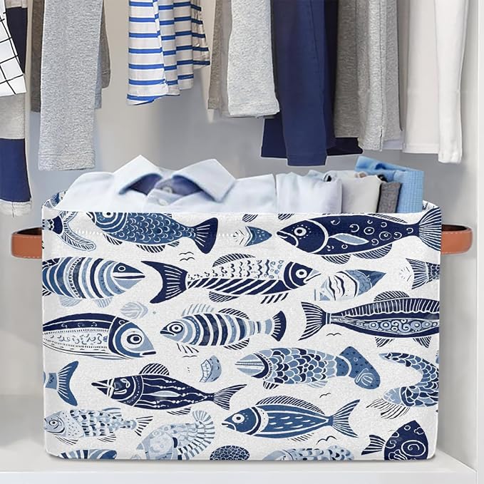 Ethnic Sea Fish Rectangular Storage Bin Collapsible Storage Basket Organizer Boxes with Leather Handle Storage Cube for Shelves Toy Laundry Nursery 1 PC