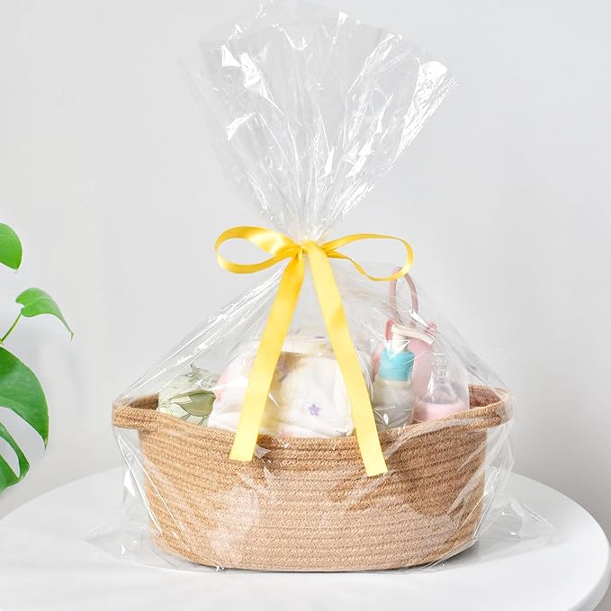 ABenkle Small Basket Empty Gift Basket, Decorative Boho Rope Woven Nursery Storage Organizer Dog Toy Baskets for Baby Showers Christmas Easter with Gift Bags and Ribbons, 12"X 8" X 5"