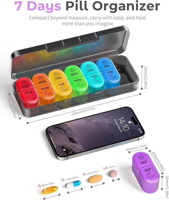 𝐏𝐢𝐥𝐥 𝐎𝐫𝐠𝐚𝐧𝐢𝐳𝐞𝐫, Am & Pm Pill Organizer 7 Days, Weekly Pill Organinzer 2 Times a Day, Pill Box 7 Day, Medicine Pill Organizer for Travel, Vitamins, Fish Oils, Supplements