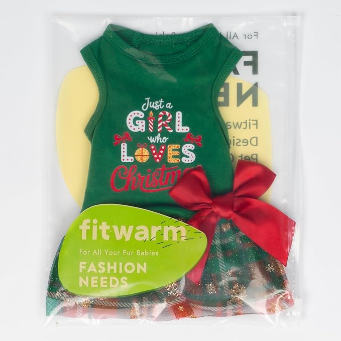 Fitwarm Just a Girl Who Loves Christmas Dog Tulle Dress, Funny Christmas Clothes for Small Dogs Girl, Holiday Pet Outfit, Red, White, Green, Yellow, Small
