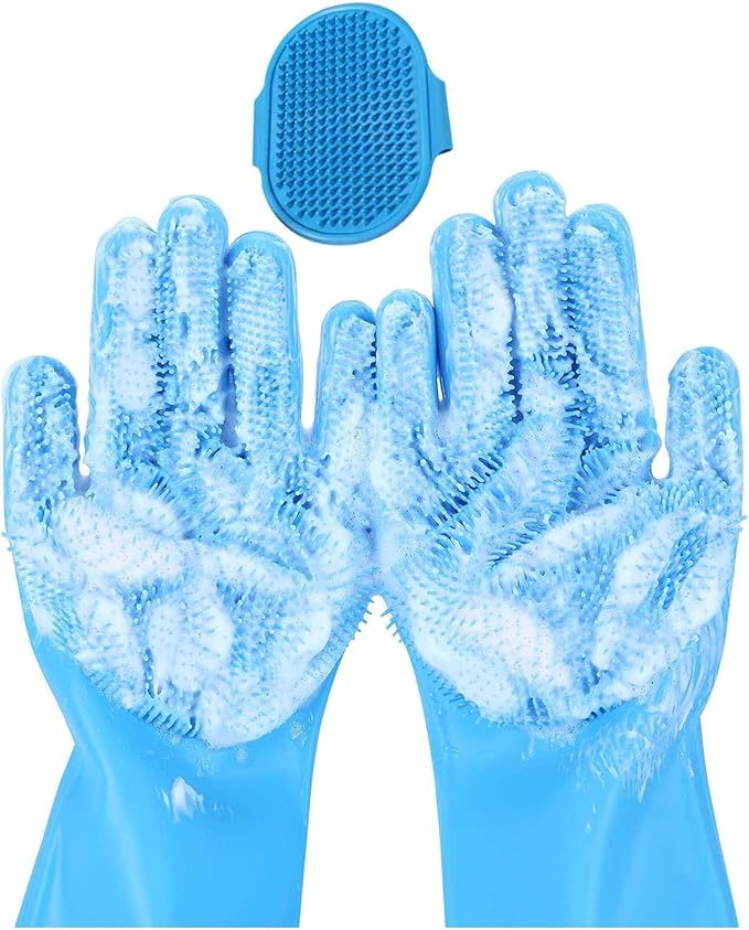 Pet Grooming Gloves & Brush Kit – 2-in-1 – Dog Washing Gloves Deshedding and Bathing Set for Dogs & Cats – Soft, Heat-Resistant, Easy to Clean – Massage Gloves & Scrubber Brush for Pets
