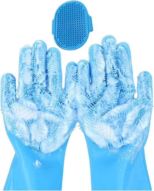 Pet Grooming Gloves & Brush Kit – 2-in-1 – Dog Washing Gloves Deshedding and Bathing Set for Dogs & Cats – Soft, Heat-Resistant, Easy to Clean – Massage Gloves & Scrubber Brush for Pets