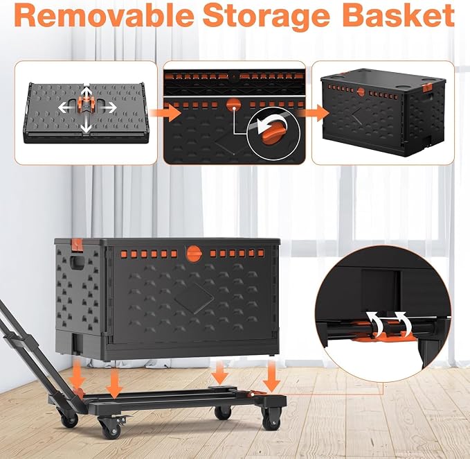 Foldable Utility Cart Collapsible Crate Rolling Carts with Wheels, Hand Truck Storage Box with Telescoping Handle, Folding Shopping cart with Wheels for Office Shopping Camping Travel Moving