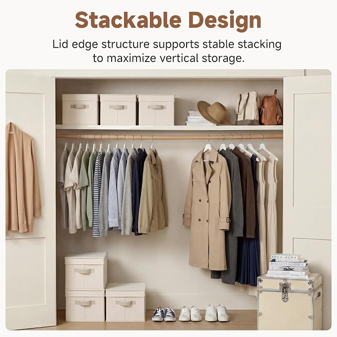 StorageWorks Storage Bins with Lids, Storage Basket with Lid, Closet Bins | Lidded Dust-proof, Easy Pull Handles, Foldable, Stackable, Ideal for Clothes Blanket Towel, Large, Cream White, 3-Pack