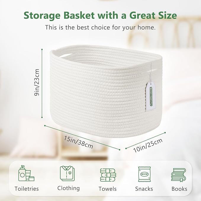 ECDYQXVU 15x10x9 Inch Woven Cotton Rope Storage Basket, 2 Pack | Foldable Design, Built-in Handles, Space-saving Organizer for Living Room, Bedroom, Laundry, Shelves, Clothes, Towels