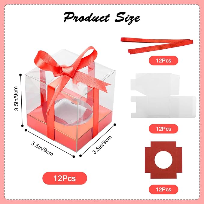 12 PCS Clear Cupcake Boxes 3.5 Inch Cupcake Containers (Red) | Disposable Cupcake Carrier Plastic Individual Cupcake Storage Holder with Ribbons and Inserts for Wedding, Birthday Party