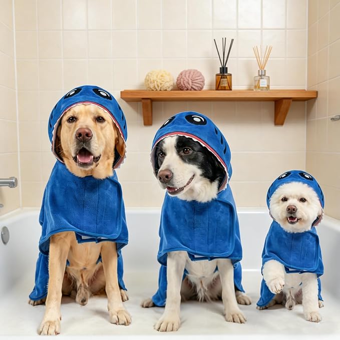 SCENEREAL Dog Bathrobe Fast Drying Towel Microfiber Dog Towel Robe with Hook and Loop Closure & Wrap Tie Snuggle, Super Absorbent Pet Cat Dog Bath Robe Drying Coat, Shark Hood S