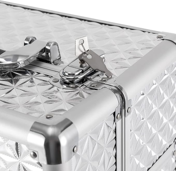 Rolling Makeup Train Case with Drawers, Cosmetic Travel Trolley, Storage Sliding Drawer 4 Tray Cosmetics Beauty Organizer Lockable Luggage Trolley (Silver)