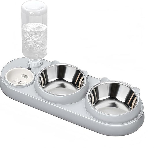 Marchul 3 in 1 Cat Bowl, Cat Food and Water Bowl Set with Water Dispenser and Stainless Steel Bowls, 15° Tilted Pet Raised Three Bowls for Indoor Cats, Small or Medium Sized Dogs