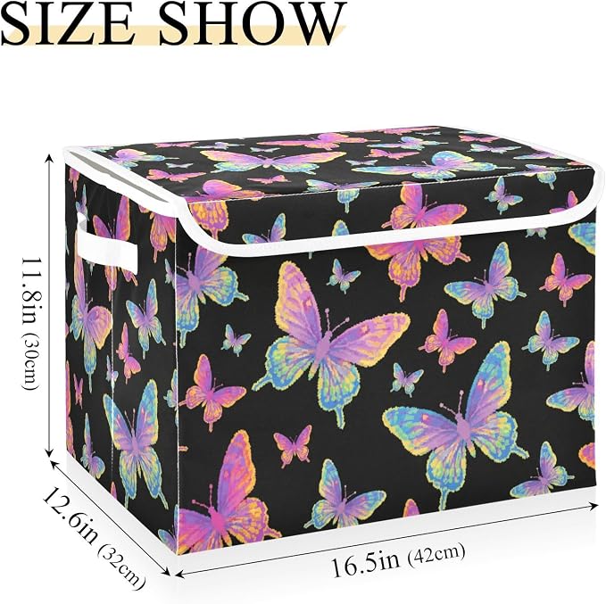 Butterfly Storage Bin Foldable Collapsible Fabric with Lid Handles 40L | Decorative Storage Boxes, 300D Oxford Cloth, Hollow Board Frame, Flip Top Velcro Lid, 16.5x12.6x11.8 inch, Collapsible Design