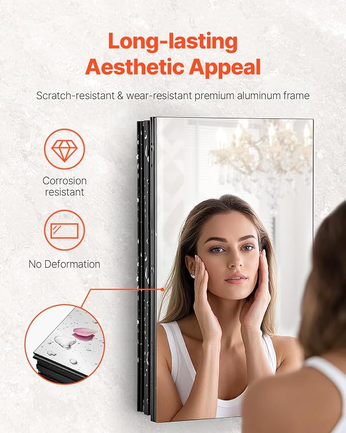 VEVOR Medicine Cabinet, 14 x 24 inches, Medicine Cabinet for Bathroom with Mirror, Aluminum Frame Bathroom Wall Cabinet, 2-Layer Adjustable Shelves, Recessed & Wall-Mounted Installation
