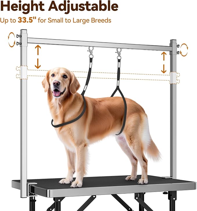 Dog Grooming Table with Arm, Hammock, Nooses, 35.5"L×23.6"W Tabletop | 30" H Foldable Heavy Duty Pet Grooming Station | Non-Slip Waterproof Tabletop | 33.5" H Adjustable Stainless H-Frame Arm