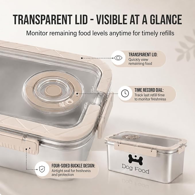 Airtight Dog Food Storage Container 6 QT / 5.8L, Stainless Steel Pet Food Bin with Clear Lid, Portable Dog Kibble Container with Handle - Hold 5.8L - Ideal for Pantry, RV Travel