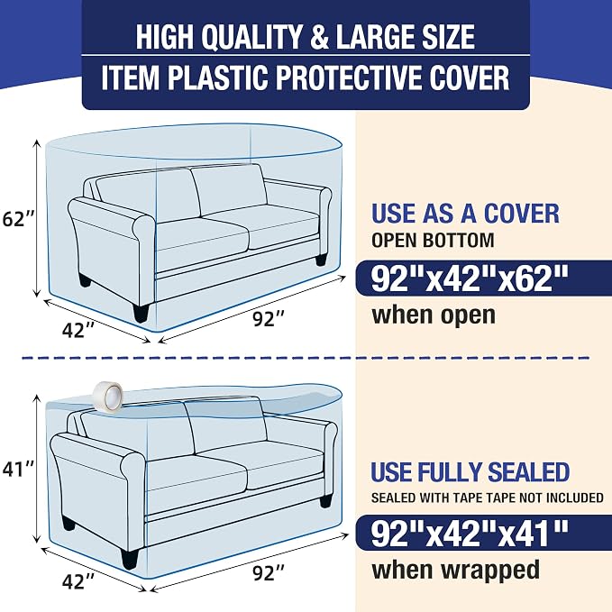 Extra Large Sofa Moving Cover for Storage Transportation | Sofa Couch Clear Plastic Moving Cover with Labels, Waterproof and Dust Proof, Bag Open Size 92x 62 x 42 Inch, Blue