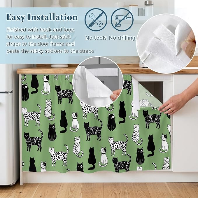 Cat Animal Sink Skirt 11"Wx13"L,Dustproof Under Sink Curtain with Self Adhesive Tape,Sage Green Earthy Tone Vintage Pet Modern Cabinet Curtain Cover for Bathroom Vanity,Kitchen Cabinet Storage Shelf