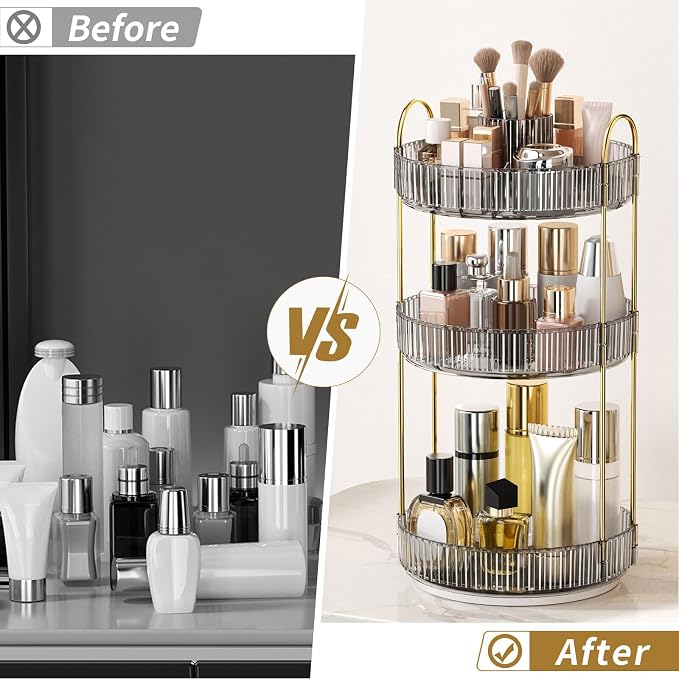 360° Rotating Makeup Organizer, Large-Capacity Skincare Make Up Storage 3 Tier Perfume Organizers Cosmetic Dresser Organizer with Makeup Brush Holder, Fits Bedroom, Bathroom, Vanity Shelf Countertop