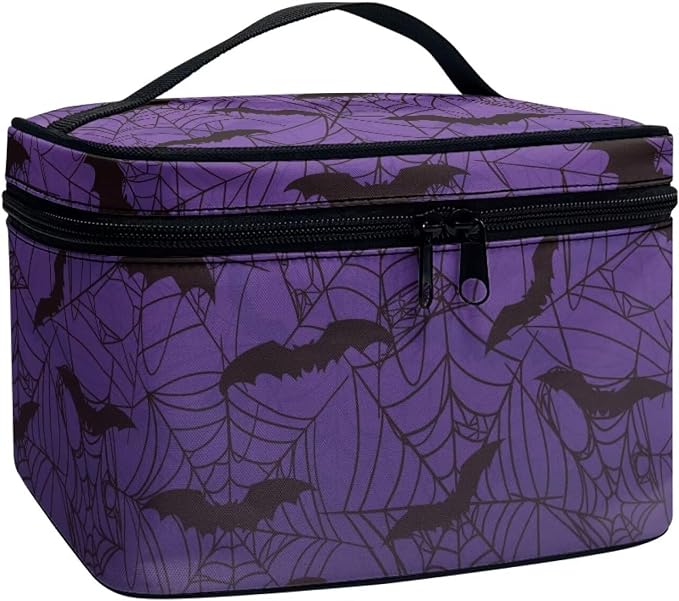 Purple Makeup Bag for Women Large Capacity Travel Makeup Bag with Handle Spider Web Bat Print Toiletry Bags for Travel Holiday Halloween Party