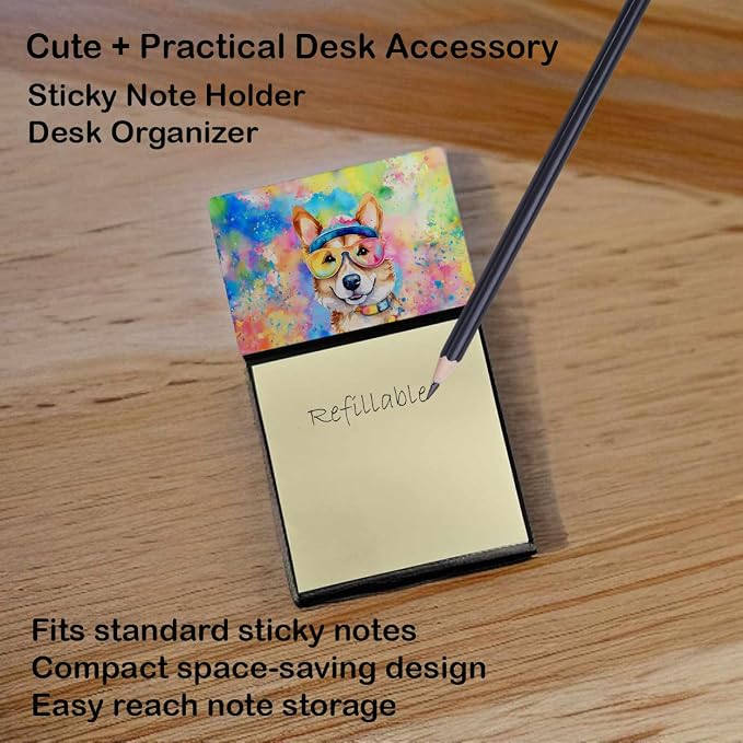 Caroline's Treasures Corgi Hippie Dawg Sticky Note Holder Refillable Dispenser Self-Sticky Note Pads, Memo Pads Blank Desk Accessories