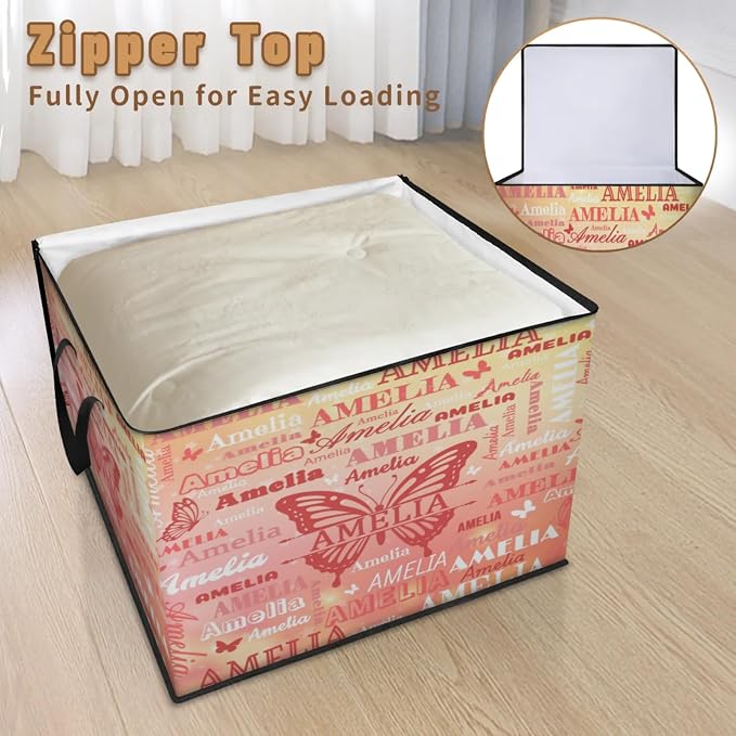 Personalized Name Foldable Storage Basket Cubes with Lid, Clothes Pet Toys Storage Bin with Handles for Shelf Home Closet Kitchen, Gradient Coral Red Yellow with Butterflies