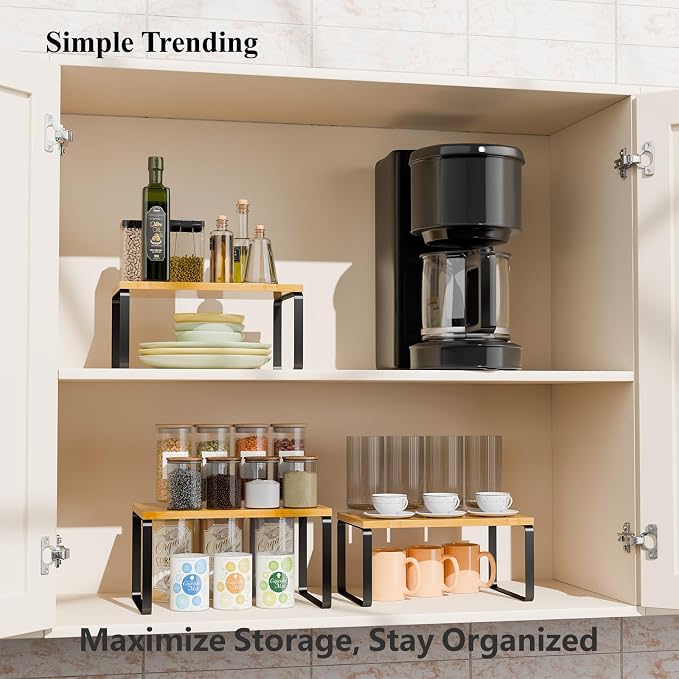 Simple Trending Bamboo Cabinet Organizer Shelf, Set of 3 Kitchen Counter Shelves, Stackable Expandable Spice Rack Kitchen Storage, Black and Natural