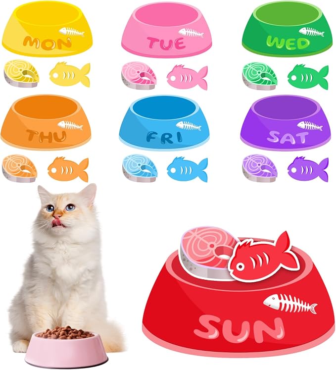 Magnetic Cat Feeding Reminder Tracker – Weekly Meal Planner for Cats with Colorful Bowls, Fish Meat & Fish Icons – Reusable Fridge Magnet Chart for Pet Feeding Schedule, Cat Food Organizer Sign
