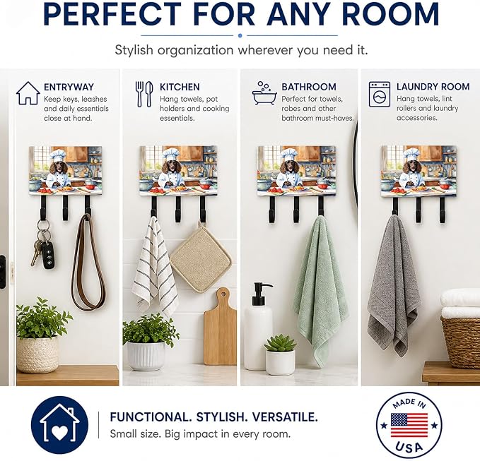 Caroline's Treasures American Water Spaniel The Chef Leash or Key Holder Wall Hooks, Key Hooks Holder, Coat Rack Wall Mount, Coat Hooks, Hooks for Hanging Keys, Towels, Aprons, Leashes | American Water Spaniel The Chef artwork on ceramic tile with thre...