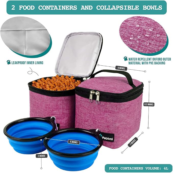 PetAmi Dog Travel Backpack 27L Airline Approved Pet Supplies Bag, Pink | Cat Traveling Suitcase Organizer for Weekend Road Trip Camping; 2 Food Containers, 2 Collapsible Bowls & Poop Bag Dispenser
