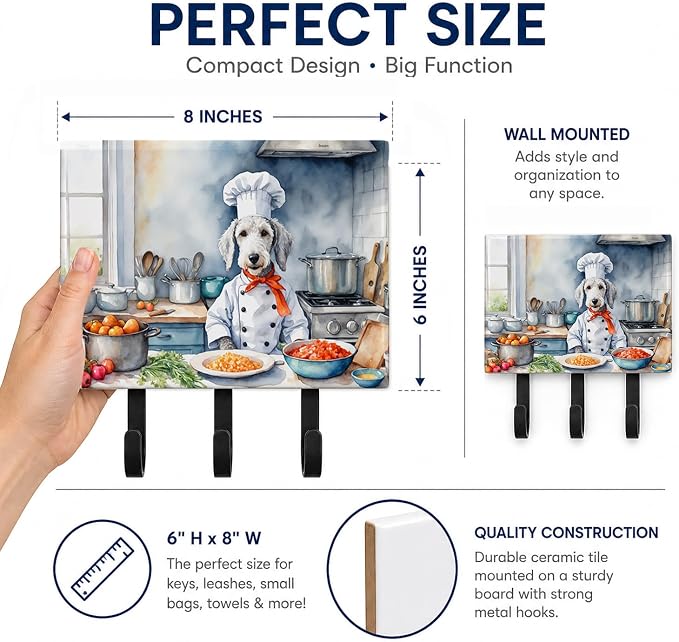 Caroline's Treasures Bedlington Terrier The Chef Leash or Key Holder Wall Hooks, Key Hooks Holder, Coat Rack Wall Mount, Coat Hooks, Hooks for Hanging Keys, Towels, Aprons, Leashes | Bedlington Terrier The Chef artwork on ceramic tile with three steel ...