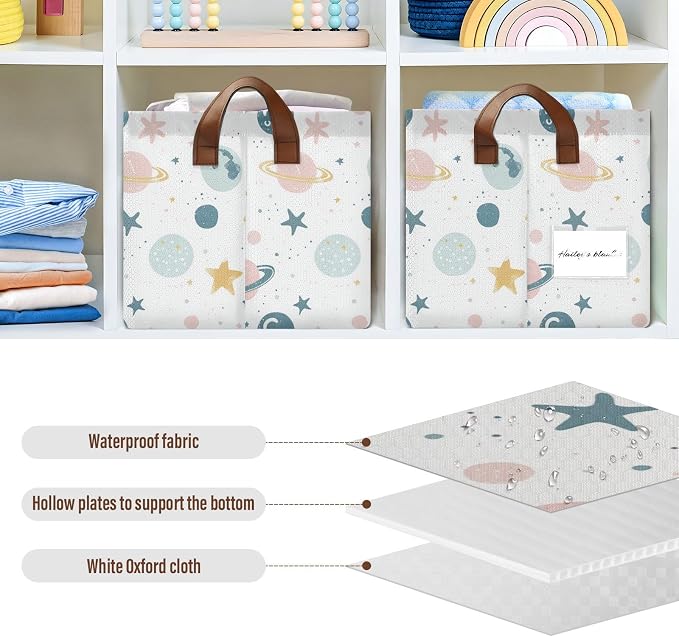 Cute Celestial Stars and Planet Baby Storage Basket with Labels&Handles Rectangular Waterproof Nursery Storage Bins Collapsible Shelf Organizer Baskets for Kids Books Cloth Gift Toys Laundry