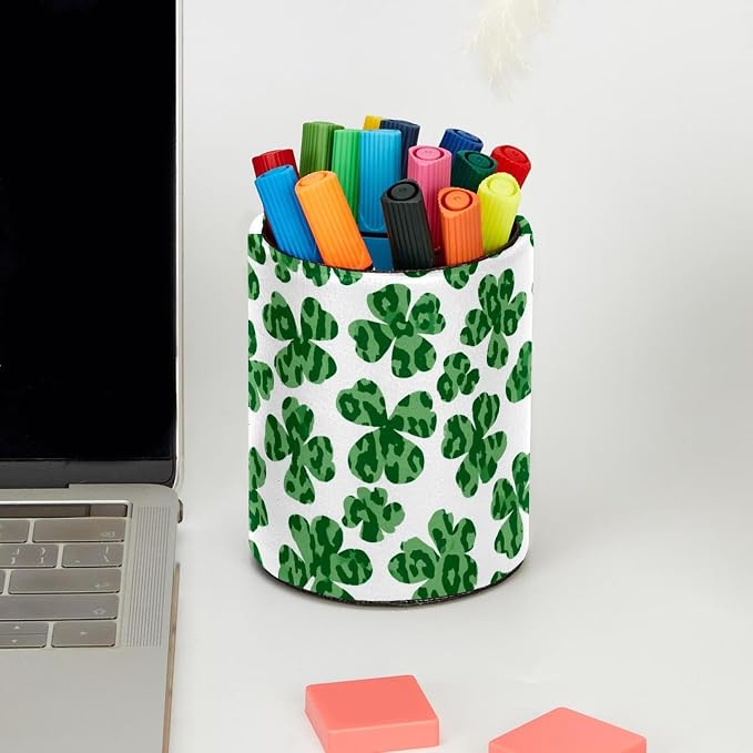 Faux Leather Pen Holder for Desk, Pencil Organizer Shamrock Pen Cup Desk Decor Makeup Brush Holder Storage for Office Home