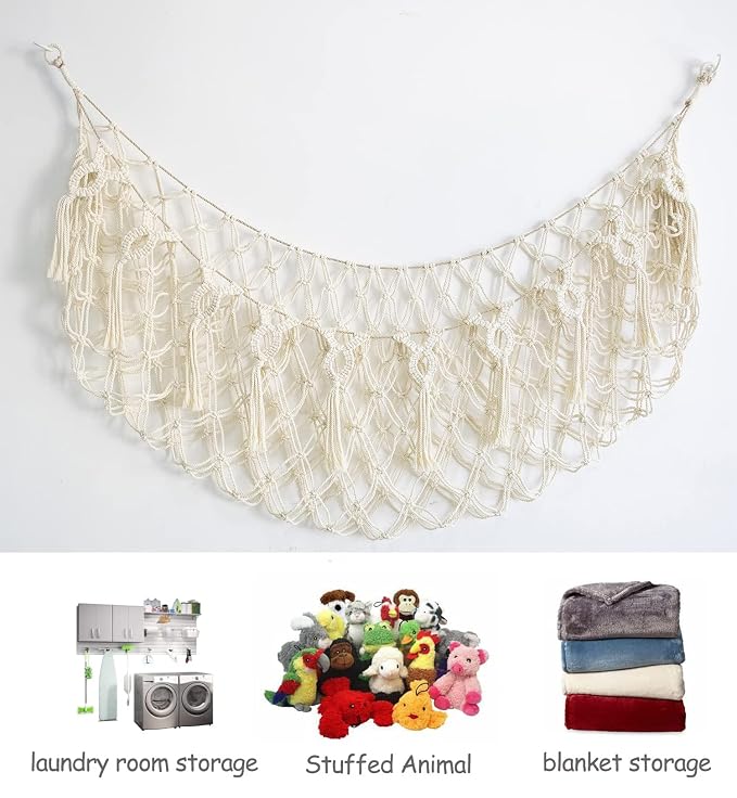 Stuffed Animal Net or Hammock -Wall Mounted-Handmade Macrame Toy Hammock Organizer Stuffed Animal Display Plush Toys Holder Boho Decor for Nursery Playroom Bedroom Kids Room Storage 1