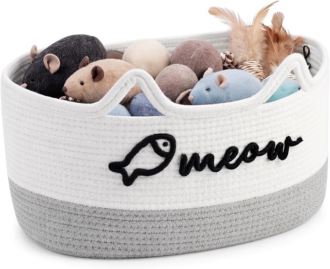 Cat Toy Basket with Cat Ear Handles, 19.5 x 11 x 9 in Woven Cats Toy Bin, Large Two-tone Cotton Rope Storage Box, Meow Words Organizer for Toys, Blankets, Home Decor (White, Gray)