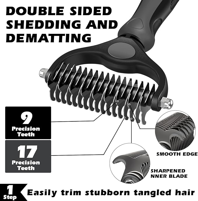 3PCS Self Cleaning Slicker Brush & Pet Grooming Rake & Flea Comb for Dogs,Cats and Horses | Double-Sided Dematting Comb & Skin Friendly Deshedding Grooming Tool | Premium Pet Supplies（Gray)