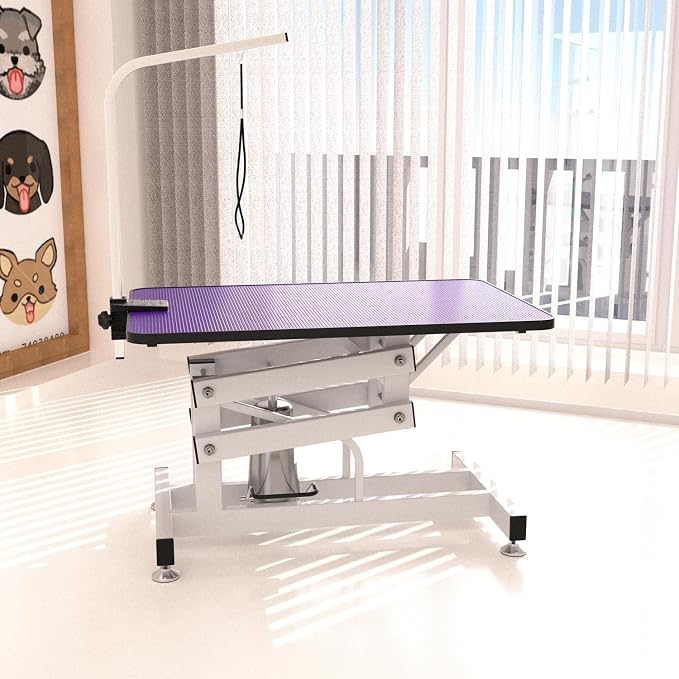 Hydraulic Dog Pet Grooming Table, 42 Inch Heavy Duty Professional Pet Grooming Station 21'' -36'' Height Adjustable for Small Medium Large Dog at Home with Clamps and Grooming Noose, Purple