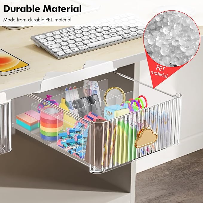 Under Shelf Drawer Pull Out Under Cabinet Storage, Clear Organizer for Closet Shelves with 16 Cells Detachable Divider, Self-Stick Under Table Drawer for Cabinet