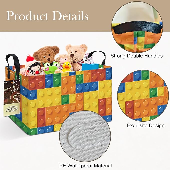 Rectangle Foldable Storage Basket Handles For Home, Colorful Blocks | Waterproof canvas material, reinforced handles, perfect for shelf use, organizes clothes, daily items and pet supplies
