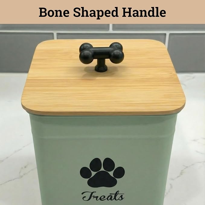 Dog Treat Container Airtight, 6"W x 8"H, Powder Coated, 12 Cup Capacity | Fits All Popular Treats, 12 Cup Capacity, Airtight Bamboo Lid, Easy Open Lid, Dent-Resistant Durable Metal Bone-Shaped Handle